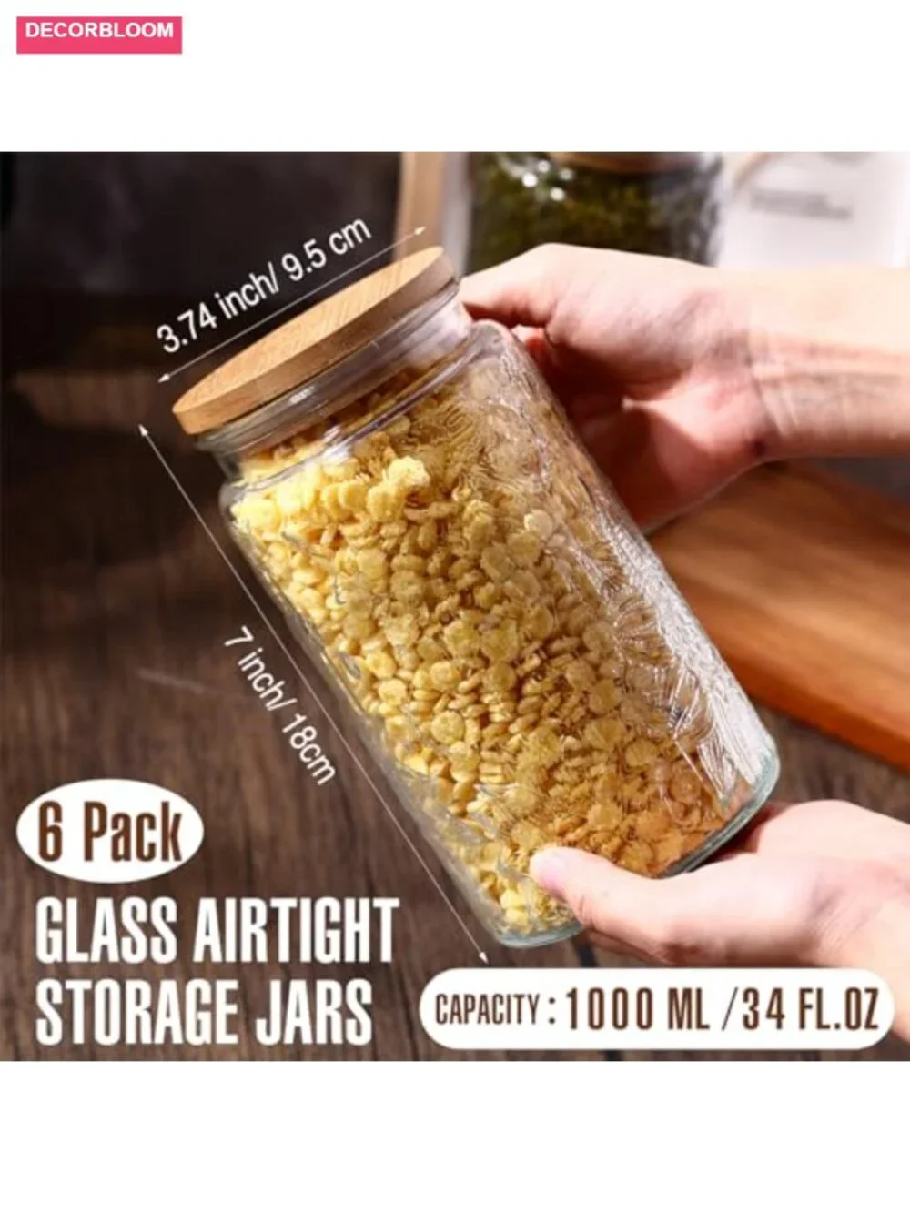 6 Vintage Glass Jars with Bamboo Lids - Airtight Food Storage - 34 oz